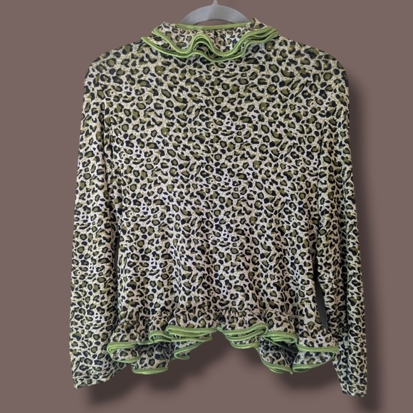 The Collective Works Of Berek Neon Green Leopard Print Ruffle Cardigan Retro Y2K - Picture 2 of 10